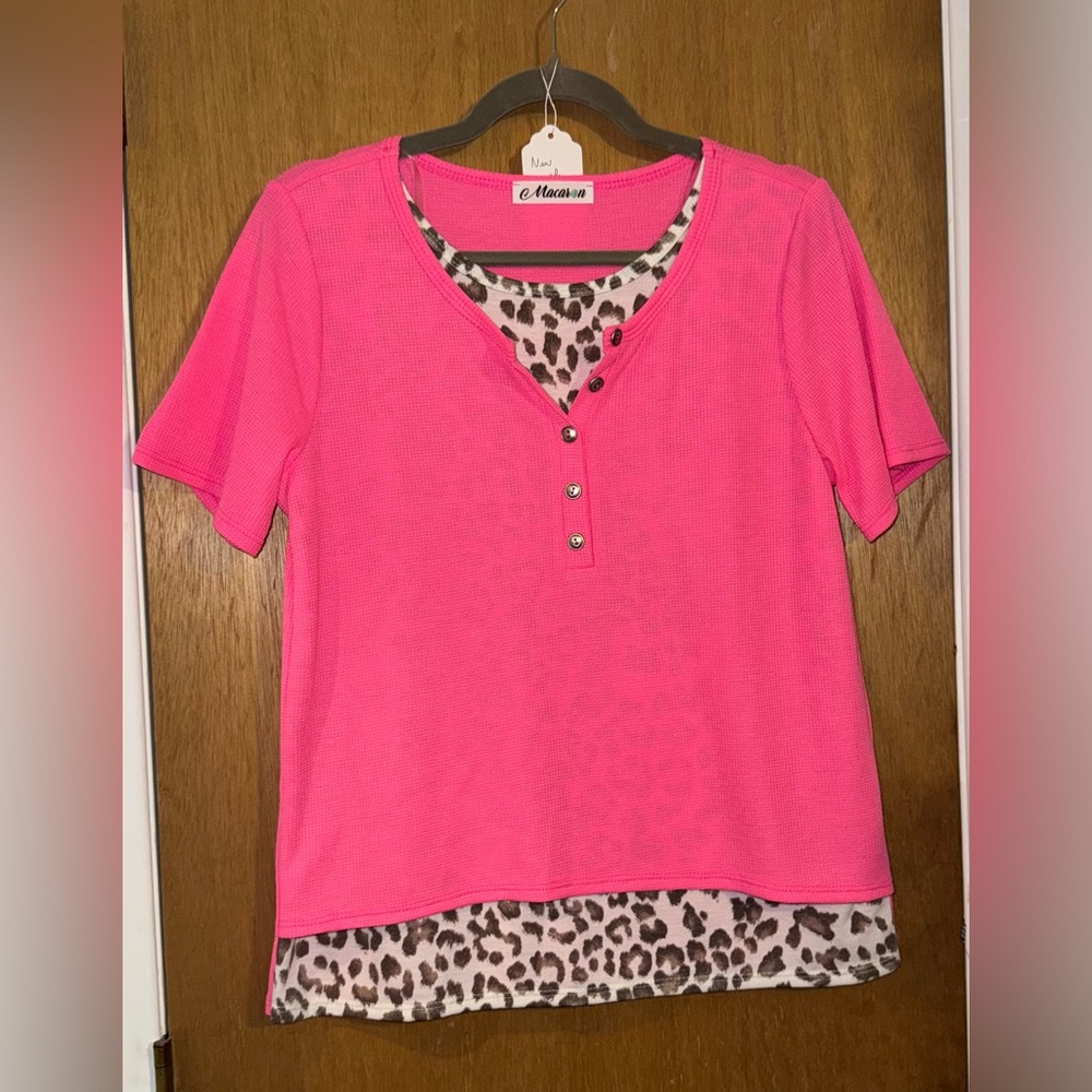 Macaron Hot Pink Layered Leopard Top, Size S